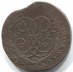 монета 2 копейки 1757 Надпись сверху, Встречается реже